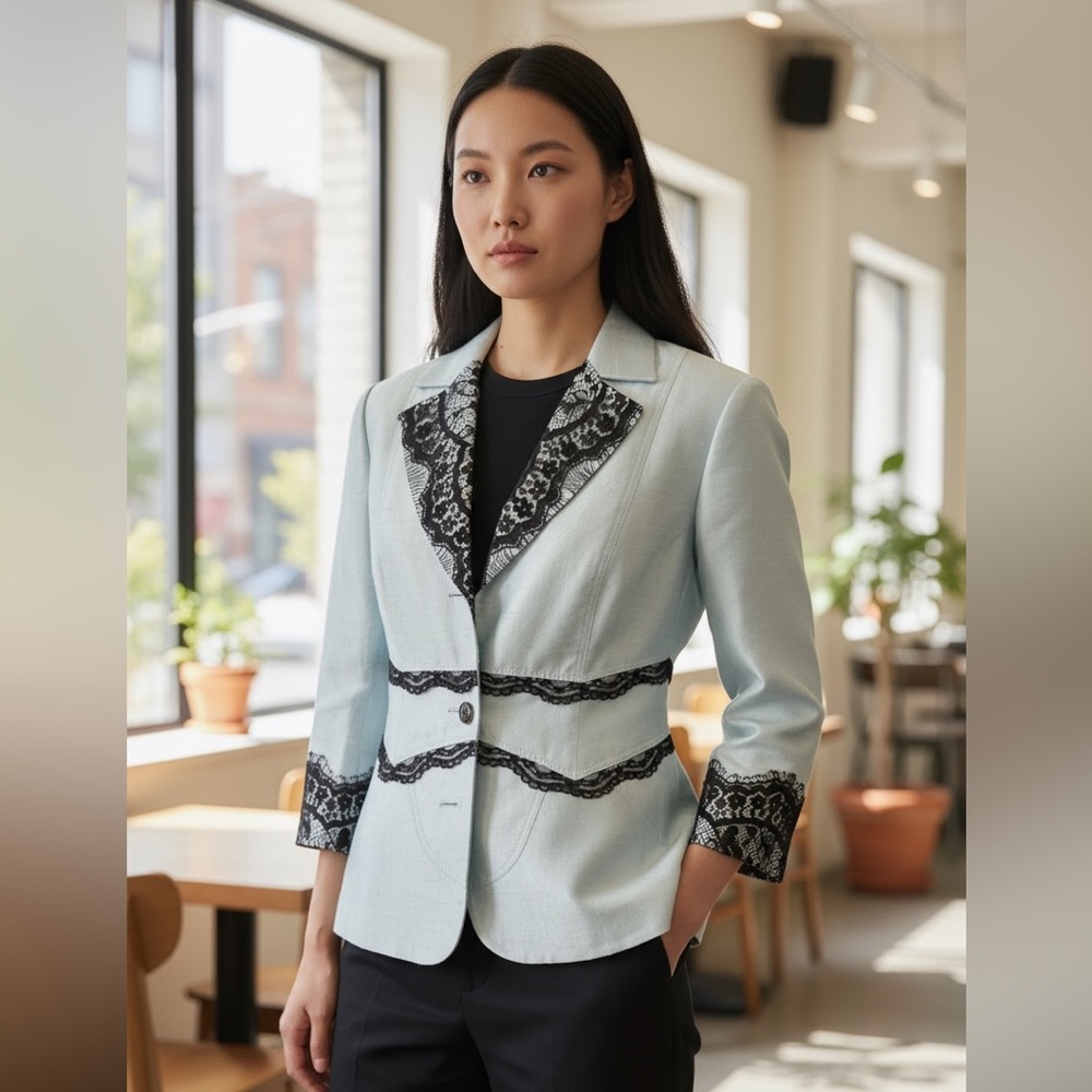 Max Nugus Haute Couture Light Blue Blazer with Black Lace Trim EUC